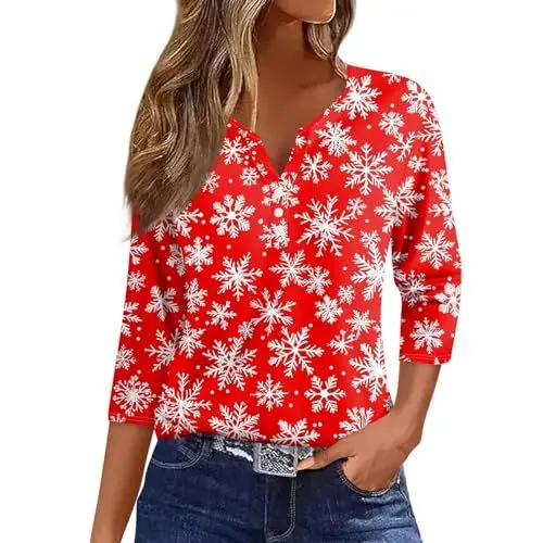 Produktbild: T Shirt 3/4 Arm Damen Kurz Bluse 3/4 Arm Damen T-Shirt für Senioren Damen Damen Top Hemdjacke Damen Dinosaurier Kostüm Weihnachtsfrau Kostüm Damen Christmas Shirt for Women Rot M