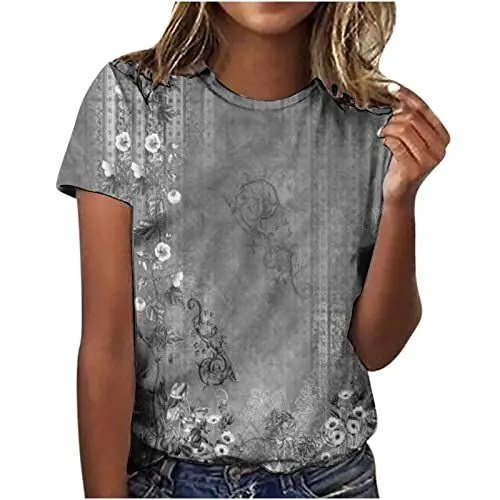 Produktbild: Bluse Damen Basic Shirt Kurzarm Rundhals Print Shirts Damen Baumwolle Blusenshirt Damen Kurzarm Blusen & Tun Für Damen Satinblusen Für Damen T Shirt Weiß Damen Enges Oberteil Damen(Gray,4XL)