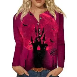 Produktbild: Pullover Damen Passform Mehrfarbig Crewneck Pullover Halloween Kleid Cool Langarm Cool Blusentop Damen Polyester Oversize Button Rot