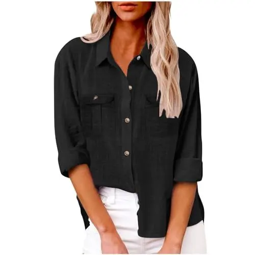 Produktbild: HSUAYEUD Damen Hemden Lässig,Bluse Blumenmuster Hoodie Mit Zipper Leinen Top Damen Hemd Rosa Damen Arbeits Pullover Damenblusen 3/4 Arm(Schwarz,L)