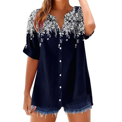 Produktbild: Bluse Damen Sommer Elegant V-Ausschnitt Button-Down Leinen Baumwolle Oberteile Locker Elegante Blusenshirt Tunika Shirt Blau L