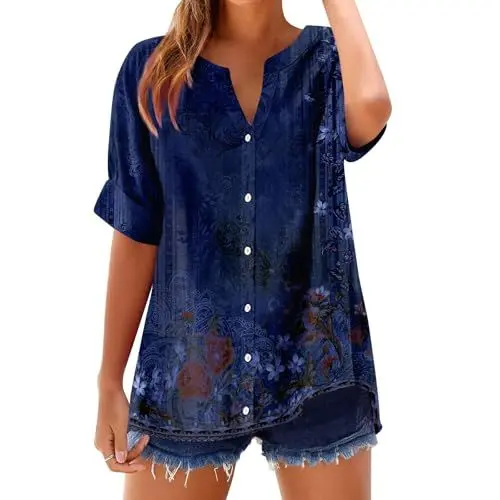 Produktbild: Bluse Damen Sommer Elegant V-Ausschnitt Button-Down Leinen Baumwolle Oberteile Locker Elegante Blusenshirt Tunika Shirt Blau XL