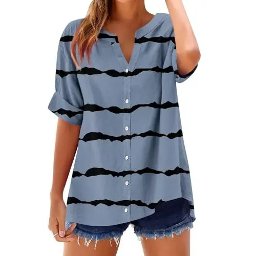 Produktbild: Bluse Damen Sommer Elegant V-Ausschnitt Button-Down Leinen Baumwolle Oberteile Locker Elegante Blusenshirt Tunika Shirt Türkis M