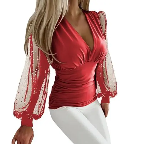 Produktbild: Bluse Damen Transparent Netz Langarm mit Pailletten Oberteil Schmaler Passform Plissee Tunika Tops Tiefer V-Ausschnitt Langarmshirt Slim Fit Basic Shirt Top Elegant Bluseshirt (Red, M)