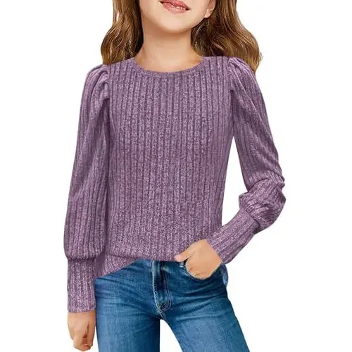 Produktbild: Bluse Mit Stickerei Damen Mädchen Puff Langarm Shirts Rippenstrick Tops Bluse 514 Shirt Pailletten Mädchen Wende (Purple, 5-6 Years)