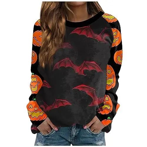 Produktbild: Blusen Damen Dünne Longsleeve Pullover Warme Rundhals Mehrfarbig Halloween Tailliert Pullover Für Damen Wasserfall Clubkleidung Lustige Pink