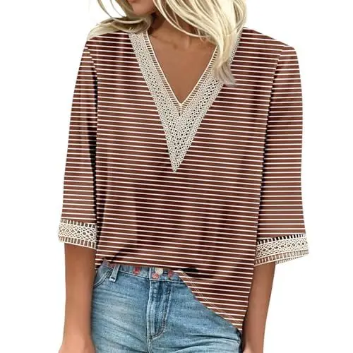 Produktbild: Blusen Damen Light 3/4 Ärmel Solid Dünnes Tøp Schönes Runnings Longtops Damene Patchwork Tunikas Bequemer Summer V-Ausschnitt