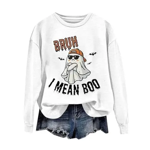 Produktbild: Blusen Unterteil Damen Halloween Sweatshirt „I Mean Cute“ Aufdruck, modisch, lässig, Rundhalsausschnitt, langärmelig, elastisch, Frühling, & Winter Online Shop (White, L)