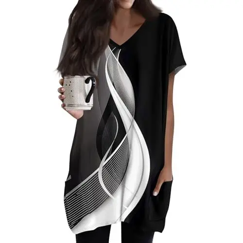 Produktbild: Blusen & Tuniken Für Damen,Longshirt Damen Oversized Sommer Tshirt Kurzarm Rundhals Mit Tasche Lang Tunika T Shirt Longtops Einfarbig Elegant Longbluse Lässige Für Leggings Locker Pullover