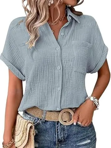 Produktbild: blusen & Tuniken für Damen, Musselin Bluse Damen Shirts Bluse Elegant Tunics Sommer Tshirt Kurzarm Leinen Knopf Bluse Lange Oversized T-Shirt Casual für Leggings