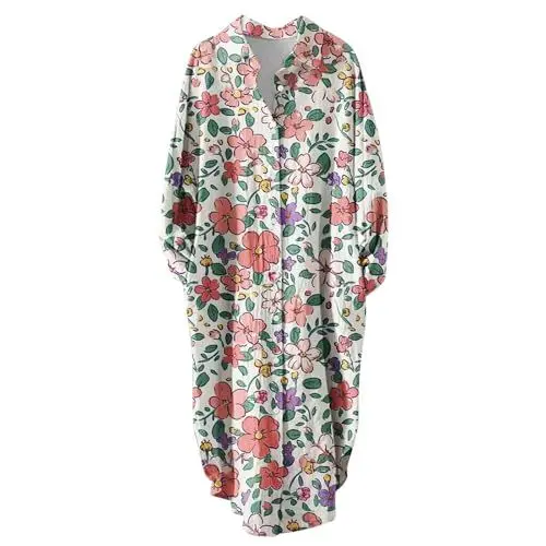 Produktbild: Blusenkleid Damen Boho Leinen Kleider Oversized Große Größen Lang Hemd Tops Blumendruck Leinenkleider Baumwolle Leinen Elegant Casual mit Knopfleiste Knielang Revers Langarm A-Linie Kleid