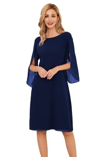 Produktbild: Blusenkleid Damen Sommer Kleid 3/4 Ärmel Chiffon Kleid Loose Fit Casual Midikleid Festlich Hochzeitkleid Cocktailkleid L Dunkelblau CLK041A23-02