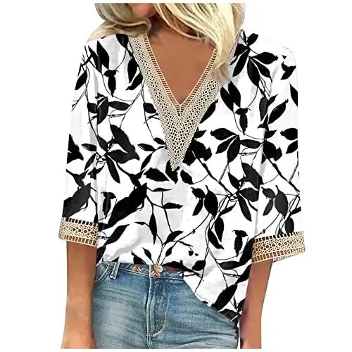 Produktbild: Blusenshirt Damen 3/4 Arm Tshirt V Ausschnitt Damen Langarmshirt Damen Cropped Shirt Damen Trachtenshirt Damen Herbstoberteile Tops Teenager Mädchen Party Oberteil Damen Top Damen(#A Black,L)