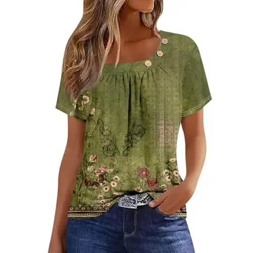Produktbild: Blusenshirt Damen Basic Shirt Kurzarm Große Größen Karobluse Damen Sommer Damen Oberteile Elegant Tshirt Damen Weiss Hawaii Hemd Damen T Shirt Damen Schwarz Poloshirt Damen(Green,L)