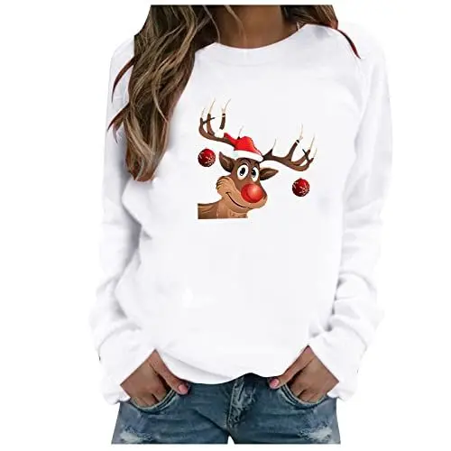 Produktbild: Blusentop Mädchen Stretch Christmas Klassische Pullover Rundhals Longsleeve Weihnachtsman Pullover Unterdamen Dünnes Tunika Buissnes Lockere Weiß