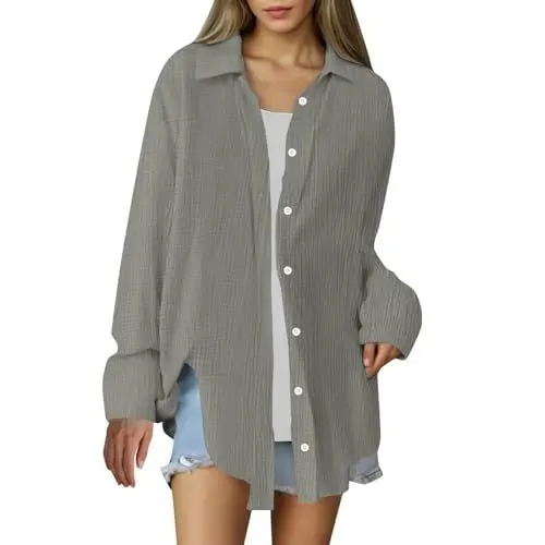 Produktbild: Blusentops Damen Hawaii Hemd Festliche Blusen Bluse mit Stehkragen Schluppenbluse Business Casual Weisse Grau 2XL