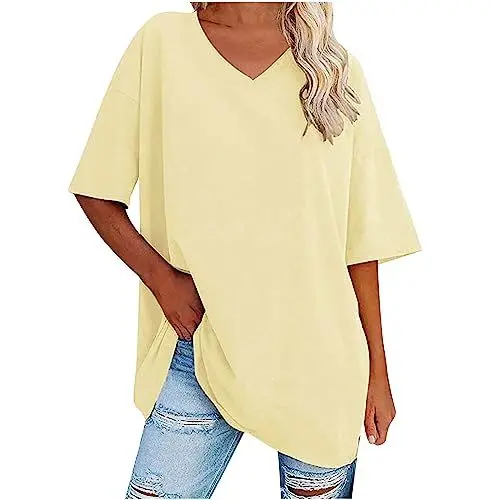 Produktbild: Blusentops Damen - Damen Tshirt Einfarbig Tunika Damen Sommer V-Ausschnitt T Shirt Damen Kurzarm Übergröße Frau Oberteile Streetwear Crop Tops, Khaki, L