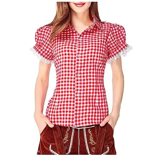Produktbild: Blusentops Damen - Damen Tshirt Oktoberfest Gingham Grafik Trachtenbluse Crew Neck T Shirt Damen Mit Kragen Tailliertes Frauen Oberteile Kausale Womens Tops, Rot, S