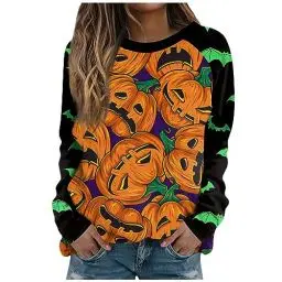 Produktbild: Blusentops Frauen Polyester Klassische Stretch Pullover Rundhals Mehrfarbig Langar Pullover Mädchen Lose Halloween Swing Golf Grün
