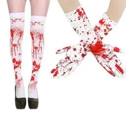 Produktbild: 2 Stücke Halloween Gruselige Handschuhe Socken Set Blutige Handschuhe Damenstrümpfe hohe Socken Halloween Blutige Requisiten Blutige Unheimlich Handschuhe Overknee-Socken ，Halloween-Socken für jede