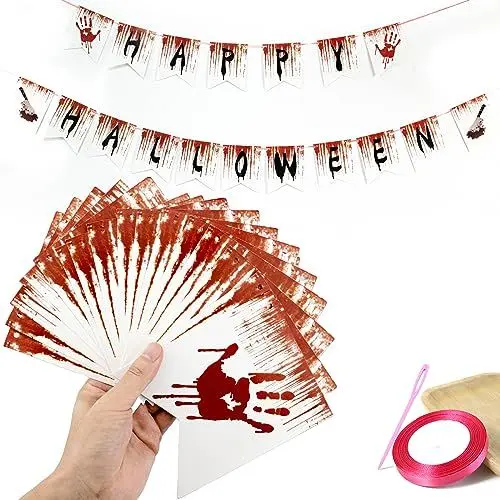 Produktbild: Blutige Girlande Banner, gruselige Handabdrücke und Messerflagge HAPPY HALLOWEEN Party Dekorationen, Gruselige Halloween Dekorationszubehör Zombie Vampir Party Dekorationen Dekorationen