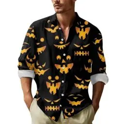 Produktbild: Blutiges T-Shirt,Halloween Kostüm Herren Hemden Männer Langarm Herren Halloween Langarm Fit Freizeithemd Kürbis Muster Lustig Funky Hemden Hawaii Shirt （Schwarz，L）