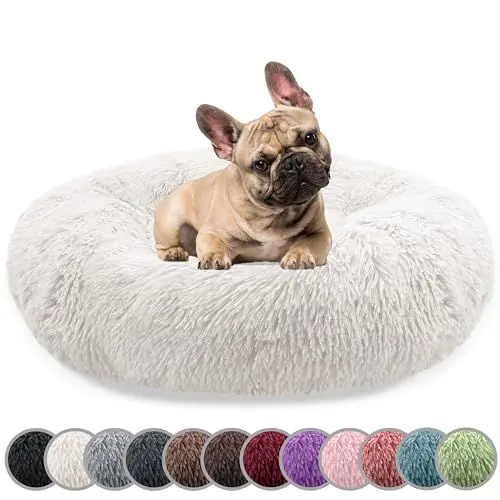 Produktbild: bluzelle Hundebett für Mittelgroße Hunde, 70cm Hundekissen Rund Donut Kissen Hundekorb Flauschig Plüsch, Ergonomisch Bezug Waschbar rutschfest Weich Kunstfell, Farbe:Cream