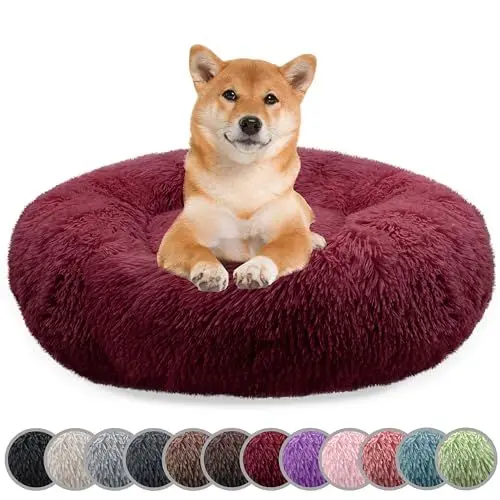 Produktbild: bluzelle Hundebett für Mittelgroße Hunde, 80cm Hundekissen Rund Donut Kissen Hundekorb Flauschig Plüsch, Ergonomisch Bezug Waschbar rutschfest Weich Kunstfell, Farbe:Burgunder