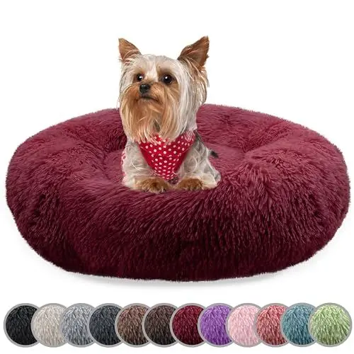 Produktbild: bluzelle Hundebett für kleine Hunde & Katzen, 50cm Hundekissen Rund Donut Kissen Hundekorb Plüsch, Katzenbett Flauschig Katzenkissen Waschbar rutschfest Weich, Farbe:Burgunder