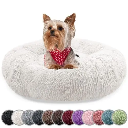 Produktbild: bluzelle Hundebett für kleine Hunde & Katzen, 50cm Hundekissen Rund Donut Kissen Hundekorb Plüsch, Katzenbett Flauschig Katzenkissen Waschbar rutschfest Weich, Farbe:Cream