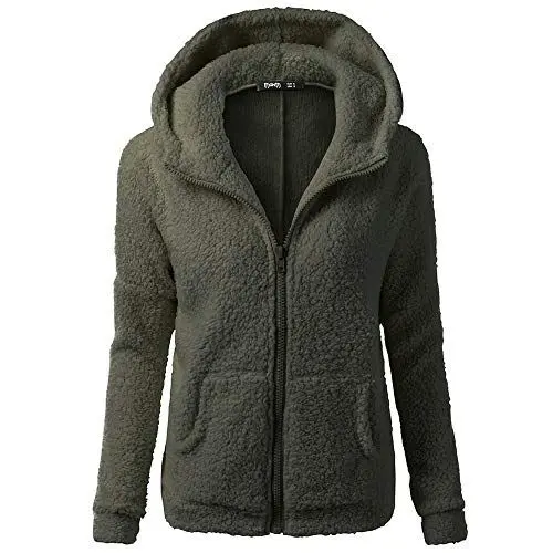 Produktbild: Damen Teddy Jacke kurze Kunstfelljacke Flauschige Teddy Jacken Winterjacke Warm Gefüttert Fleecejacke ReißVerschluss Fellmantel PlüSchjacke Frauen Mantel Kapuzenjacke (Army Green, XL)