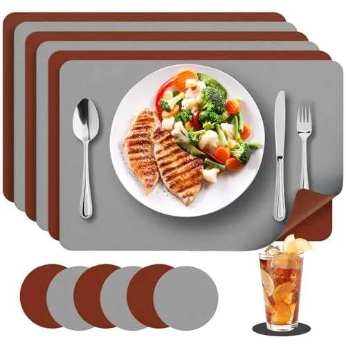 Produktbild: BNIVIAM Tischsets Abwaschbar, Leder Platzsets Abwischbar, 6er Set Premium Tischset aus Leder, rutschfest Wasserdicht Platzdeckchen Telleruntersetzer(Hellgrau Braun)