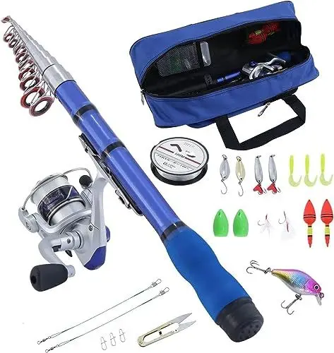 Produktbild: BNTTEAM Mini Spinnen Angelrute & Rolle Combos Teleskop tragbare Hand Harte 99% Kohlefaser Meer Angelrute & Rolle Kunstköder Angelleine (Blau-B, 2.1M/82.6in/6.88ft)