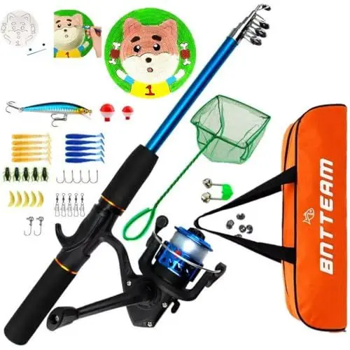 Produktbild: BNTTEAM Teleskop-Angelrute für Kinder, Angelrolle, Angeltasche, Köderschnur, Angelrute, Kombi-Set für Kinder, Jugendliche, Anfänger, komplett rot, 1,5 m