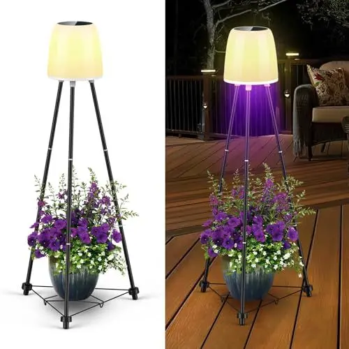 Produktbild: Boadw Solar Stehlampe Außen mit Dreibein, Solar Stehleuchte Dimmbar Warmweiß RGB WasserdichtSolar Außenstehlampe Outdoor für Garten, Hof, Weg, Auffahrt, Terrasse, Pool 1 Stück
