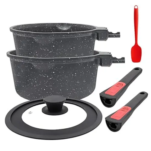 Produktbild: Bobikuke 16+18 cm Stielkasserolle Set, 4-Teilig Antihaft Kasserolle mit Universaldeckel, Milchtopf mit Abnehmbarer Griff, Geeignet für alle Herdarten, Backofen und Spülmaschinenfest (Schwarz)