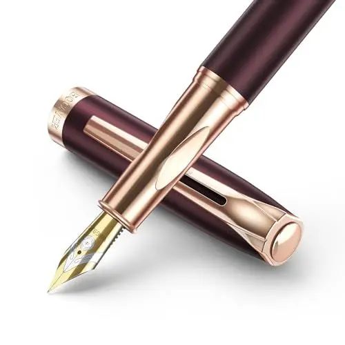 Produktbild: BOCIYER Dunkelrot Krieger Füllfederhalter Set,Handpolierte mittel Spitze aus Titan,Kalligraphie Feder(Breit),Inklusive 8 Tintenpatronen,Tintennachfüllkonverter*2 Und Geschenkbox
