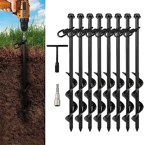 Produktbild: Bodenanker 8 Stück Erdanker 40cm Stahl Eindrehen Erdanker mit Erdbohrer Adapter & Metall Quergriff, für Garten, Camping, Trampolin und Zelten (40×3cm)