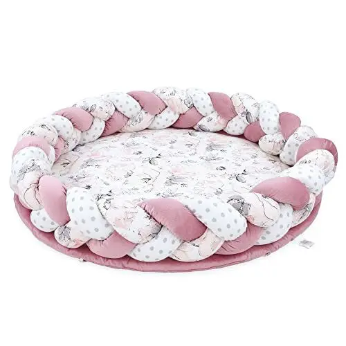 Produktbild: Bodenkissen Kinder mit Zierkissen Rand 100 cm - Spielmatte Kuschelecke Matratze rund Velvet Baby Krabbelmatte faltbar gepolstert Blumen Rosa