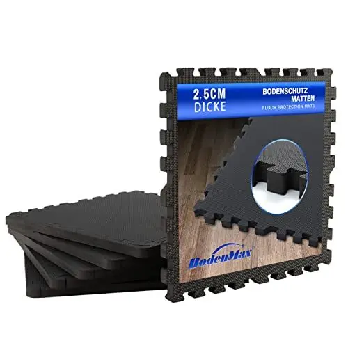 Produktbild: BodenMax Gymnastikmatten rutschfest Unterlage Pool Dart Teppich Dicke Gym Bodenmatten für Sportgeräte | 58x58x2.5 cm schwarz | 18 Stück