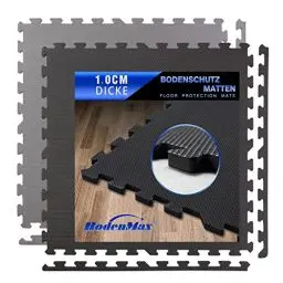 Produktbild: BodenMax Schutzmatten Bodenschutzmatte Set Sportmatte Gymnastikmatte Puzzlematte Hantel Matte | 58x58x1 cm schwarz | 12 Stück