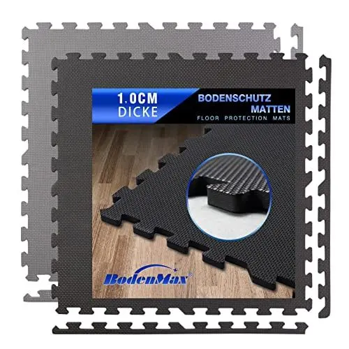 Produktbild: BodenMax Schutzmatten Bodenschutzmatte Set Sportmatte Gymnastikmatte Puzzlematte Hantel Matte | 58x58x1 cm schwarz | 12 Stück