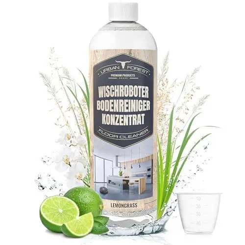 Produktbild: Bodenreiniger für Wischroboter & Saugroboter für alle Hartböden | Wischroboter Reinigungsmittel Konzentrat 1L | Streifenfreier Wischroboter Reiniger + Dosierer | URBAN FOREST | Lemongrass
