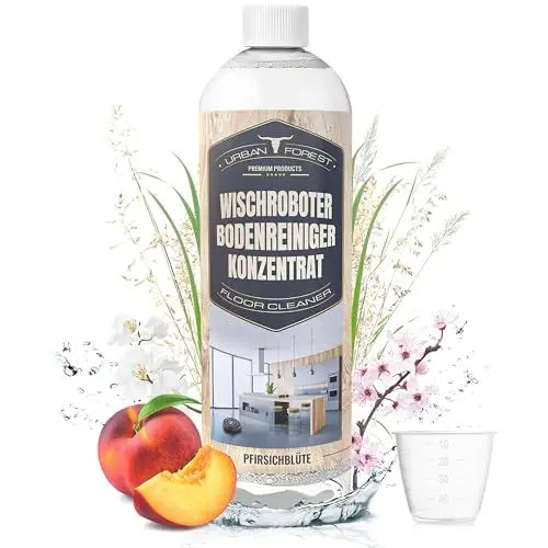 Produktbild: Bodenreiniger für Wischroboter & Saugroboter für alle Hartböden | Wischroboter Reinigungsmittel Konzentrat 1L | Streifenfreier Wischroboter Reiniger + Dosierer | URBAN FOREST | Pfirsichblüte
