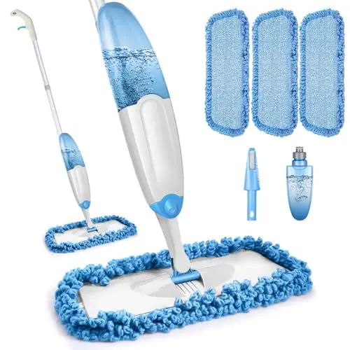 Produktbild: Bodenwischer mit Sprühfunktion, TINA&TONY Wischmopp mit Sprühfunktion mit 435ml Wassertank, Sprühwischer Bodenwischer mit 3 Waschbaren Mikrofaser Pads, Blau Wischer Boden Spray Mop für Laminat