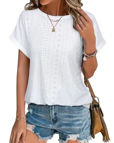 Produktbild: Bodhi talk Sommer Outfits Damen: Damen Blusenshirt Kurzarm Sommer - Ausgehöhlte Elegant Sommer Top mit Rundhals - Sommer Kurzärmeliges Oberteil Locker Casual Mode Shirt