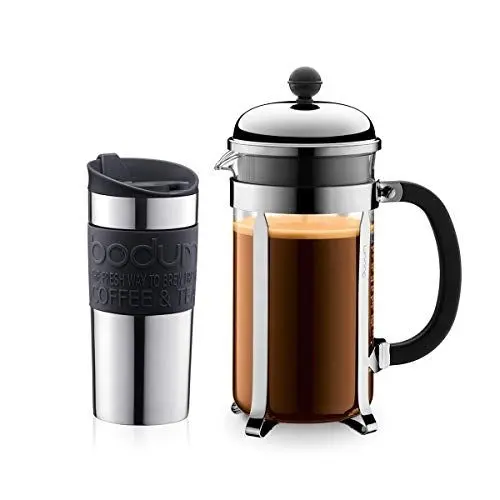 Produktbild: Bodum K11068-01 Set aus Chambord Kaffeebereiter 8 Tassen und Travel Mug Becher, 0,35 l, Edelstahl mit Silikonring, Schwarz, 34 oz