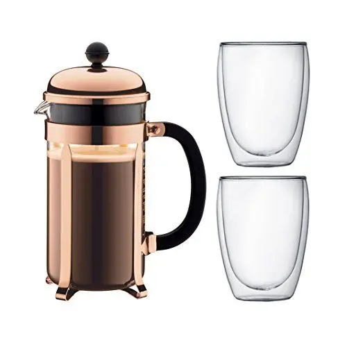 Produktbild: Bodum K1928-18-1 Chambord Set Kaffebereiter 8 Tassen mit 2 Gläser 35 cl Doppelwand Pavina, Chrom, 1 Liter, Pink, 14.9 x 26.8 x 32.5 cm