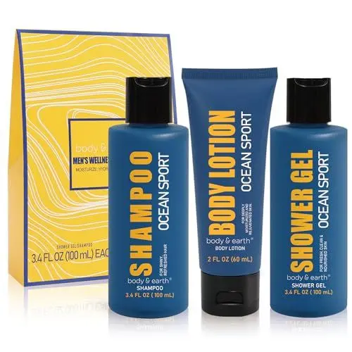Produktbild: BODY & EARTH Geschenkbox zur Sportreinigung für Männer, Männer Geschenkset mit Ozean Duft, Sport Hautpflegeset für, Herren Reiseset mit Duschgel, Körperlotion, Shampoo, Vatertagsgeschenk für Papa