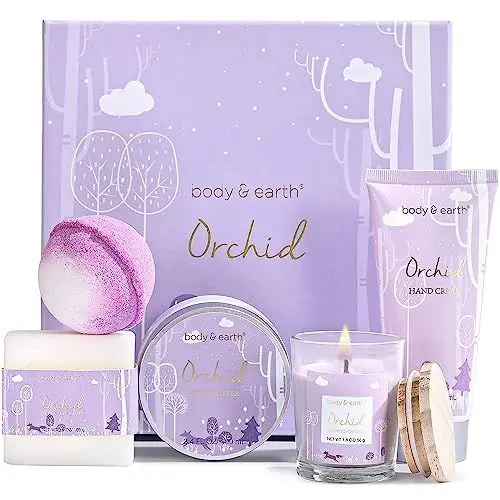 Produktbild: BODY & EARTH Geschenkbox für Frauen - 5tlg. Orchideenduft Geschenkset mit Duftkerze, Körperbutter, Handcreme, Badebombe, Wellness Set für Freundin, Mama, Muttertagsgeschenk